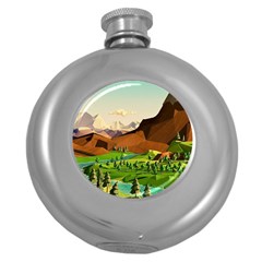 River Between Green Forest With Brown Mountain Round Hip Flask (5 Oz) by Cendanart