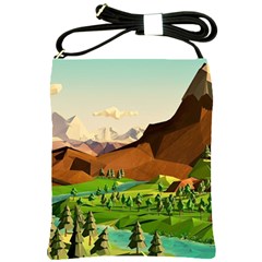 River Between Green Forest With Brown Mountain Shoulder Sling Bag by Cendanart