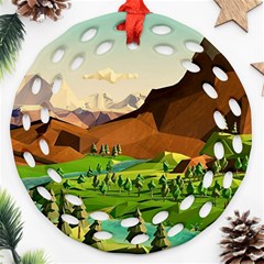 River Between Green Forest With Brown Mountain Ornament (round Filigree) by Cendanart