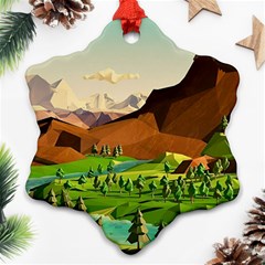 River Between Green Forest With Brown Mountain Snowflake Ornament (two Sides) by Cendanart