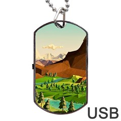 River Between Green Forest With Brown Mountain Dog Tag Usb Flash (two Sides) by Cendanart