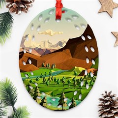 River Between Green Forest With Brown Mountain Ornament (oval Filigree) by Cendanart