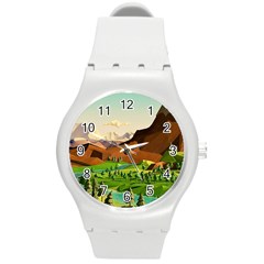 River Between Green Forest With Brown Mountain Round Plastic Sport Watch (m) by Cendanart