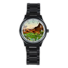 River Between Green Forest With Brown Mountain Stainless Steel Round Watch by Cendanart