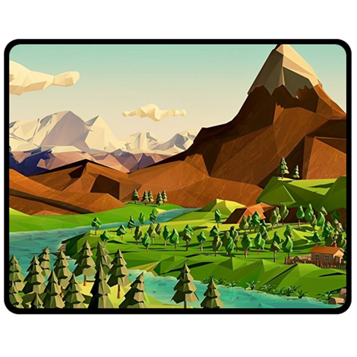 River Between Green Forest With Brown Mountain Two Sides Fleece Blanket (Medium)