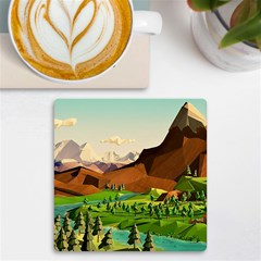 River Between Green Forest With Brown Mountain Uv Print Square Tile Coaster  by Cendanart