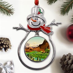 River Between Green Forest With Brown Mountain Metal Snowman Ornament by Cendanart