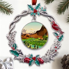 River Between Green Forest With Brown Mountain Metal X mas Wreath Holly Leaf Ornament by Cendanart