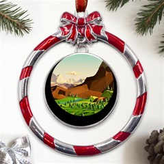 River Between Green Forest With Brown Mountain Metal Red Ribbon Round Ornament by Cendanart