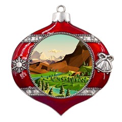 River Between Green Forest With Brown Mountain Metal Snowflake And Bell Red Ornament by Cendanart