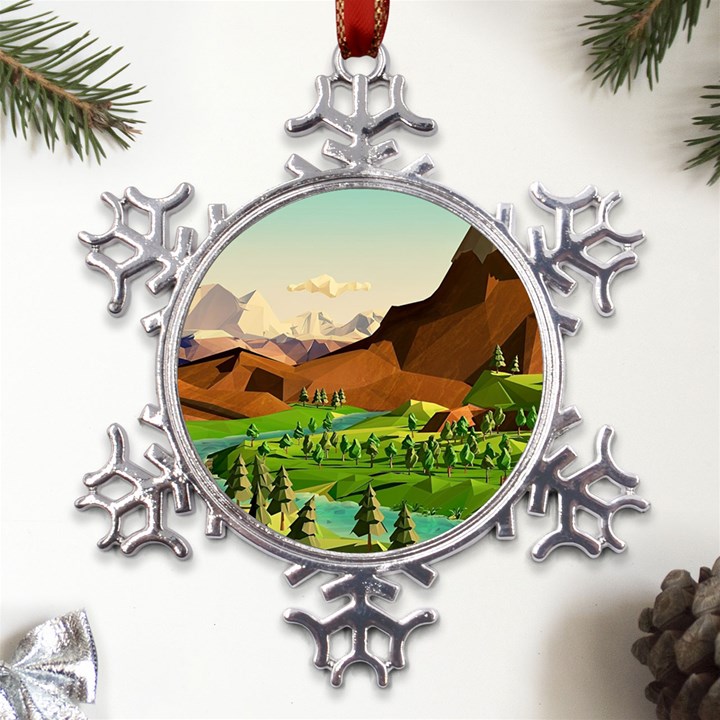 River Between Green Forest With Brown Mountain Metal Large Snowflake Ornament