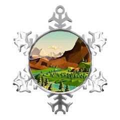 River Between Green Forest With Brown Mountain Metal Small Snowflake Ornament by Cendanart