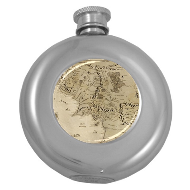 Retro Vintage Gray Map Middle Earth Round Hip Flask (5 oz)