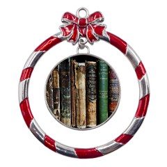 Assorted Color Books Old Macro Metal Red Ribbon Round Ornament by Cendanart