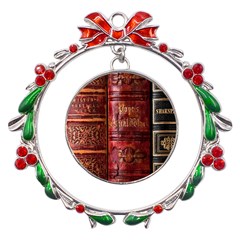 Books Old Metal X mas Wreath Ribbon Ornament by Cendanart