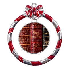 Books Old Metal Red Ribbon Round Ornament by Cendanart