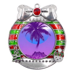 Palm Tree Vaporwave Synthwave Retro Style Metal X mas Ribbon With Red Crystal Round Ornament by Cendanart