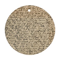 Close Up Photo Of Black Text Old Handwriting Leave Old Script Ornament (round) by Cendanart