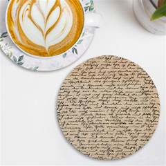 Close Up Photo Of Black Text Old Handwriting Leave Old Script Uv Print Round Tile Coaster by Cendanart