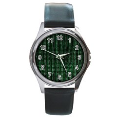 Green Matrix Code Illustration Digital Art Portrait Display Round Metal Watch by Cendanart