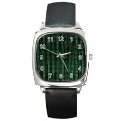 Green Matrix Code Illustration Digital Art Portrait Display Square Metal Watch by Cendanart