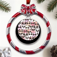 Cute Dog Seamless Pattern Background Metal Red Ribbon Round Ornament by Grandong