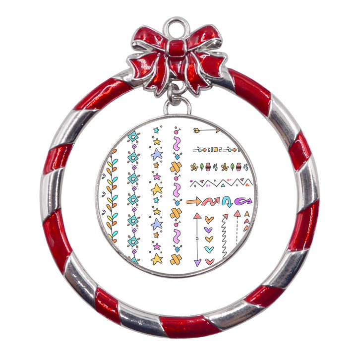 Doodles Border Letter Ornament Metal Red Ribbon Round Ornament