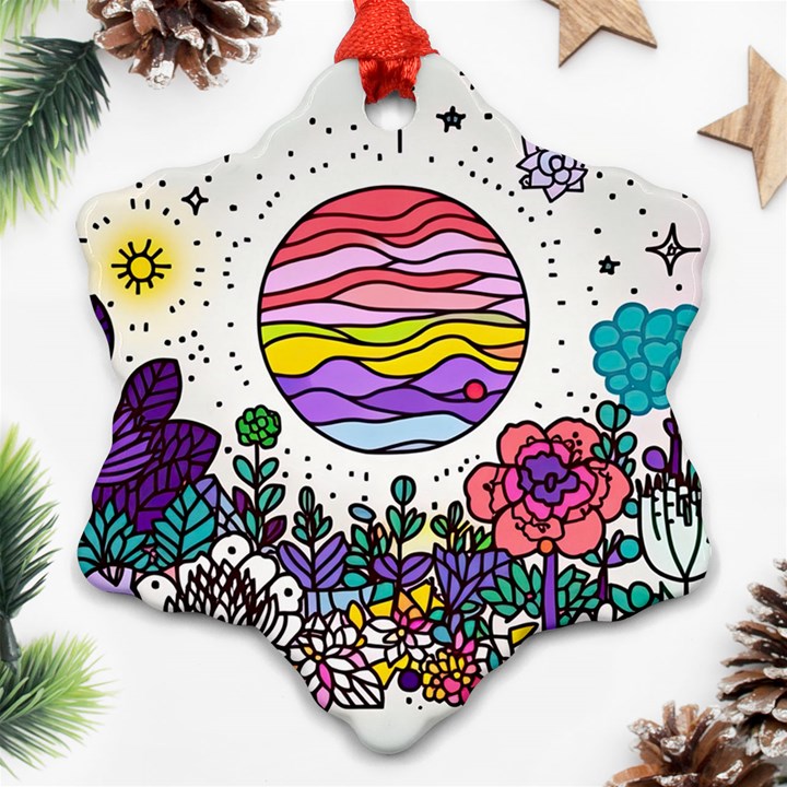 Rainbow Fun Cute Minimal Doodles Snowflake Ornament (Two Sides)