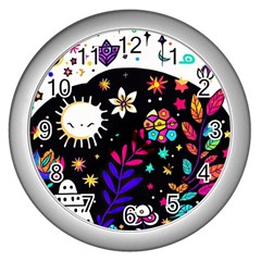 Rainbow Fun Cute Minimal Doodle Wall Clock (silver) by Bedest