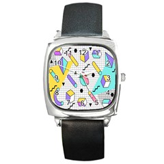 Tridimensional Pastel Shapes Background Memphis Style Square Metal Watch by Bedest