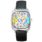 Tridimensional Pastel Shapes Background Memphis Style Square Metal Watch Front