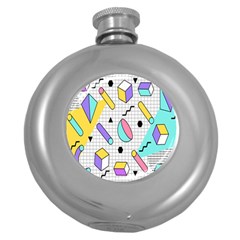 Tridimensional Pastel Shapes Background Memphis Style Round Hip Flask (5 Oz) by Bedest