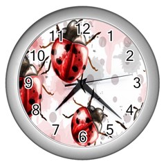 Ladybugs Pattern Texture Watercolor Wall Clock (silver) by Bedest