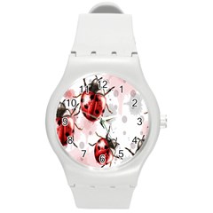 Ladybugs Pattern Texture Watercolor Round Plastic Sport Watch (m) by Bedest