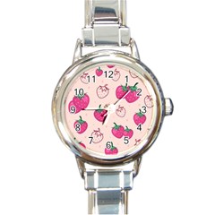 Seamless Strawberry Fruit Pattern Background Round Italian Charm Watch by Bedest