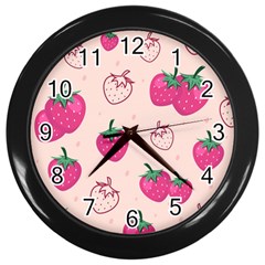 Seamless Strawberry Fruit Pattern Background Wall Clock (black) by Bedest