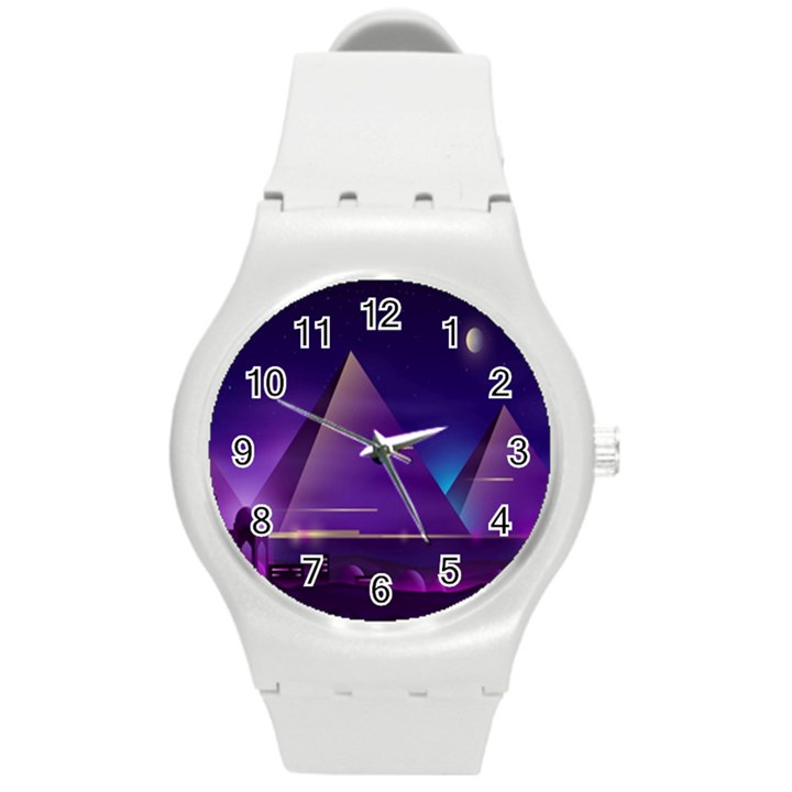 Egyptian Pyramids Night Landscape Cartoon Round Plastic Sport Watch (M)