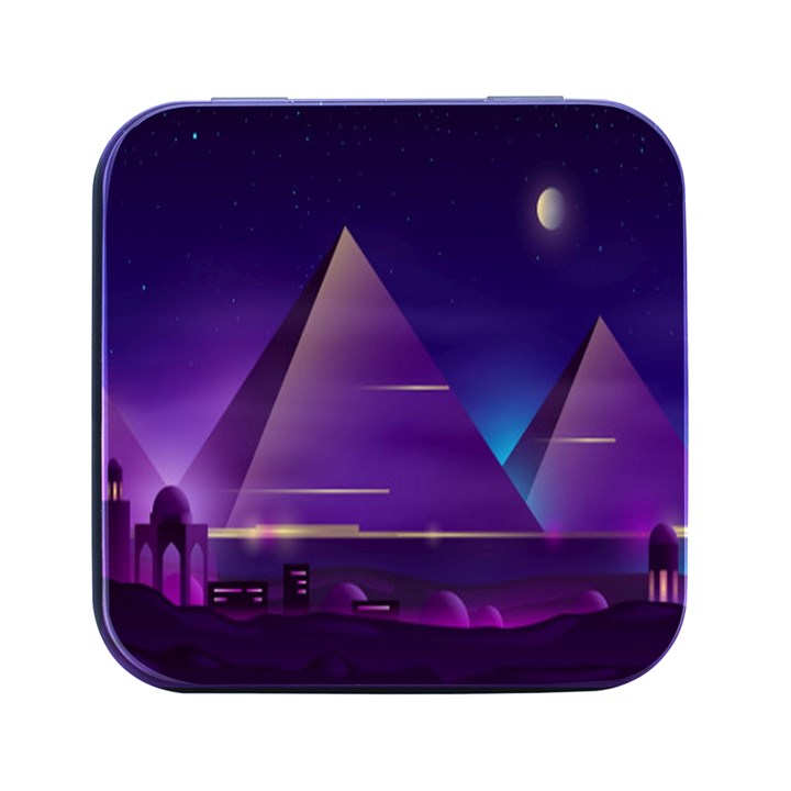 Egyptian Pyramids Night Landscape Cartoon Square Metal Box (Black)