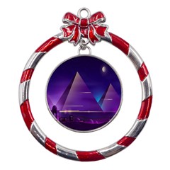 Egyptian Pyramids Night Landscape Cartoon Metal Red Ribbon Round Ornament by Bedest