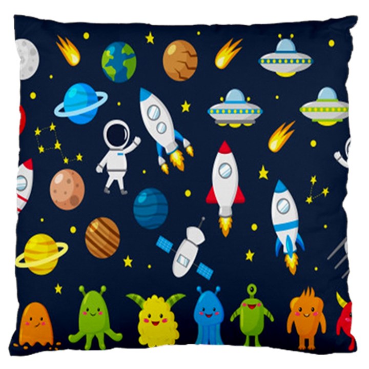 Big Set Cute Astronauts Space Planets Stars Aliens Rockets Ufo Constellations Satellite Moon Rover V Large Premium Plush Fleece Cushion Case (One Side)