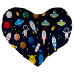 Big Set Cute Astronauts Space Planets Stars Aliens Rockets Ufo Constellations Satellite Moon Rover V Large 19  Premium Flano Heart Shape Cushions Front