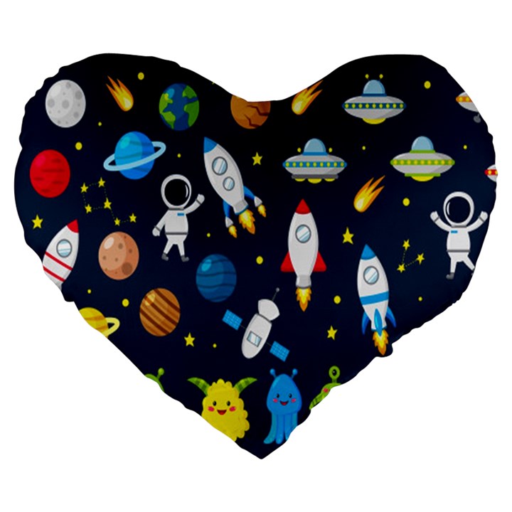 Big Set Cute Astronauts Space Planets Stars Aliens Rockets Ufo Constellations Satellite Moon Rover V Large 19  Premium Flano Heart Shape Cushions