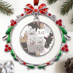 Cute Cats Seamless Pattern Metal X mas Wreath Ribbon Ornament by Bedest