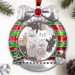 Cute Cats Seamless Pattern Metal X mas Ribbon With Red Crystal Round Ornament by Bedest