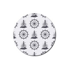 Marine Nautical Seamless Pattern With Vintage Lighthouse Wheel Rubber Coaster (round) by Bedest