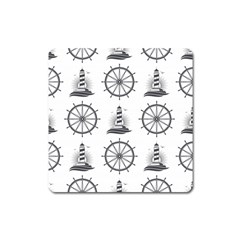 Marine Nautical Seamless Pattern With Vintage Lighthouse Wheel Square Magnet by Bedest