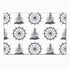 Marine Nautical Seamless Pattern With Vintage Lighthouse Wheel Postcards 5  X 7  (pkg Of 10) by Bedest