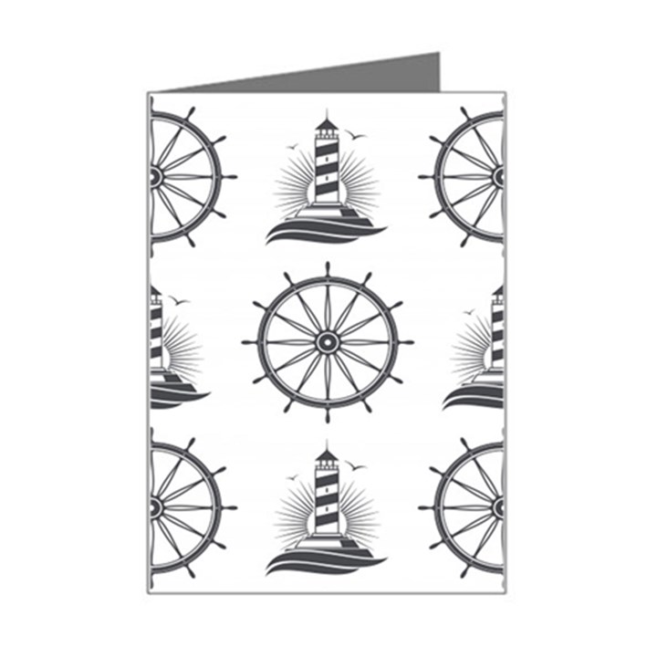 Marine Nautical Seamless Pattern With Vintage Lighthouse Wheel Mini Greeting Card