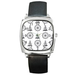 Marine Nautical Seamless Pattern With Vintage Lighthouse Wheel Square Metal Watch by Bedest