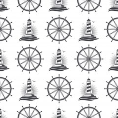 Marine Nautical Seamless Pattern With Vintage Lighthouse Wheel Play Mat (rectangle) by Bedest